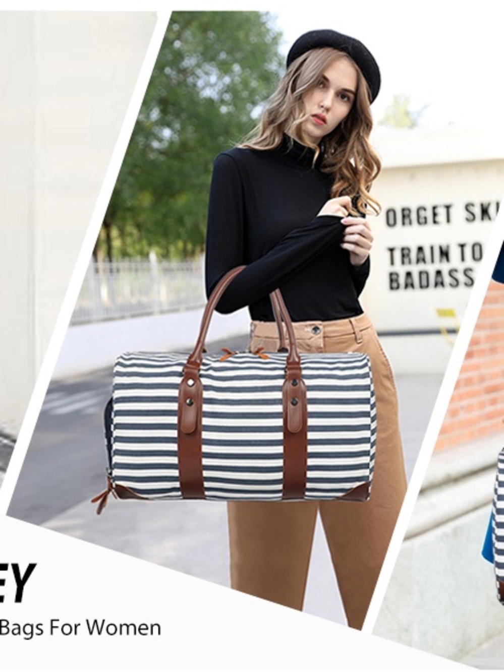 OFLAMN Striped Canvas Weekender Tote Bag with Brown Leather Trim -